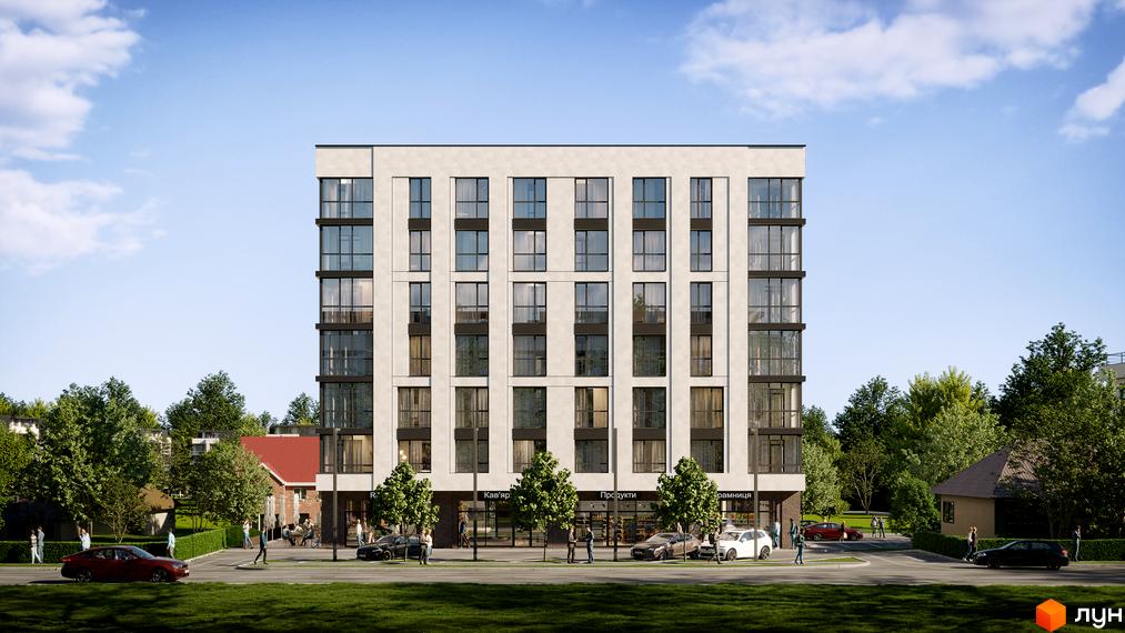 Зовнішній вигляд будинку ЖК Грушевський з великою кількістю вікон та прибудинковою територією з деревами та дорогою. Опис новобудови.