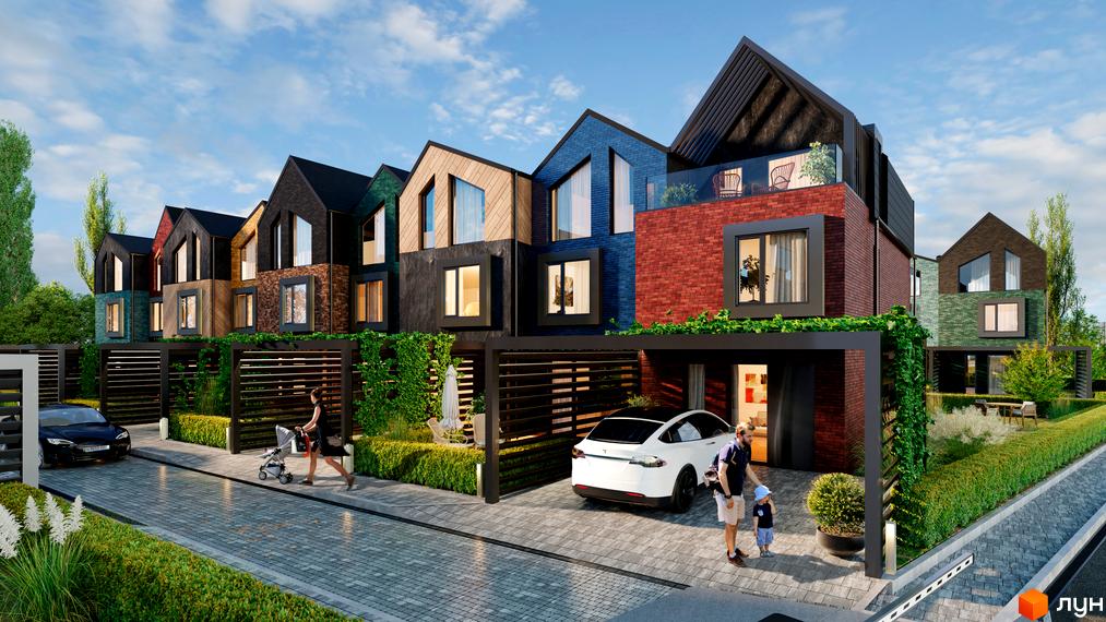 Таунхауси BowHouse з фасадами з цегли та дерева, з прибудинковою територією, парковкою та зеленими зонами. Сучасний житловий комплекс з індивідуальним дизайном.