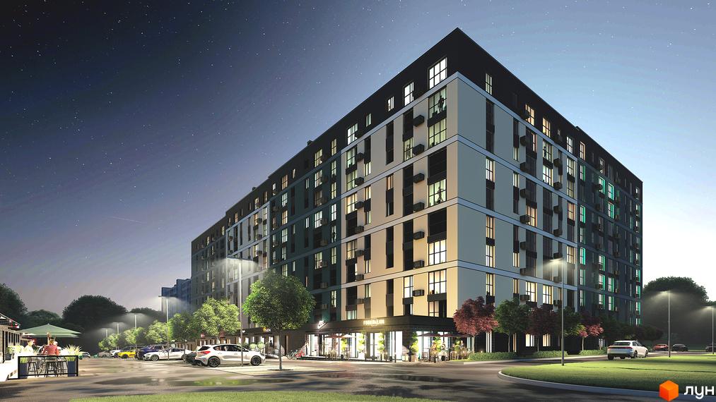 Житловий комплекс Green Street з фасадами оздобленими світлими та темними панелями, вікнами з підсвічуванням та кондиціонерами. На прибудинковій території розташовані дерева, ліхтарі та припарковані автомобілі.