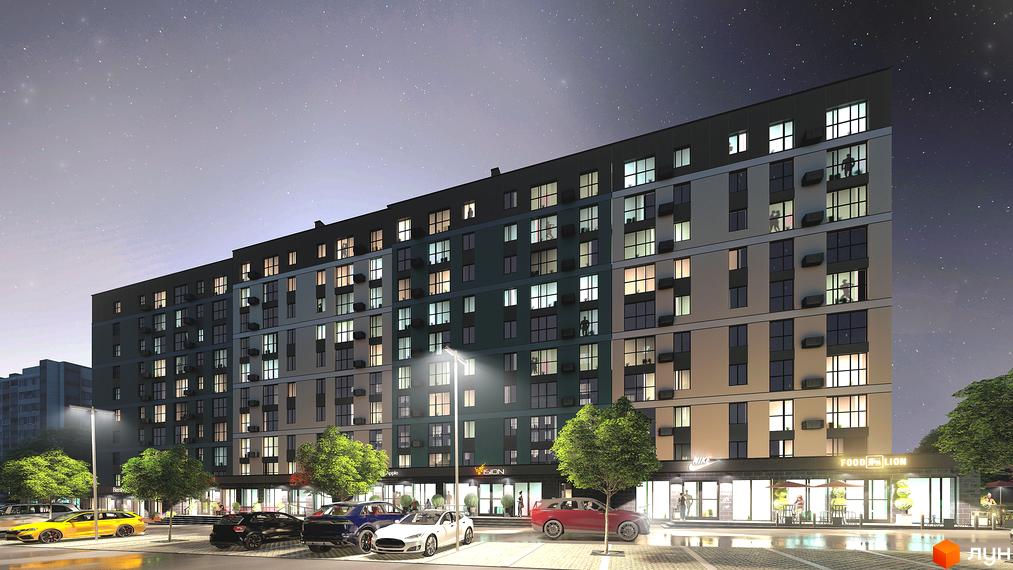 Зовнішній вигляд новобудови ЖК Green Street вночі з освітленими вікнами та парковкою з автомобілями. Навколо будинку розташовані дерева та вулиці.