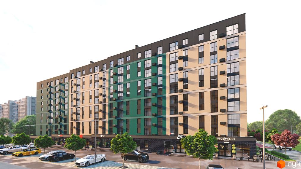 Зовнішній вигляд новобудови ЖК Green Street з різнокольоровими фасадами та великою кількістю вікон. На прибудинковій території розташовані дерева та парковка з автомобілями.