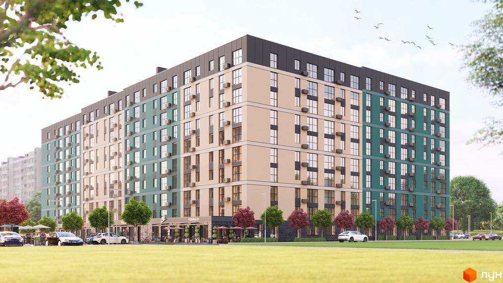 Зовнішній вигляд новобудови ЖК Green Street з фасадами бежевого та бірюзового кольорів, з кондиціонерами на вікнах та зеленою прибудинковою територією.