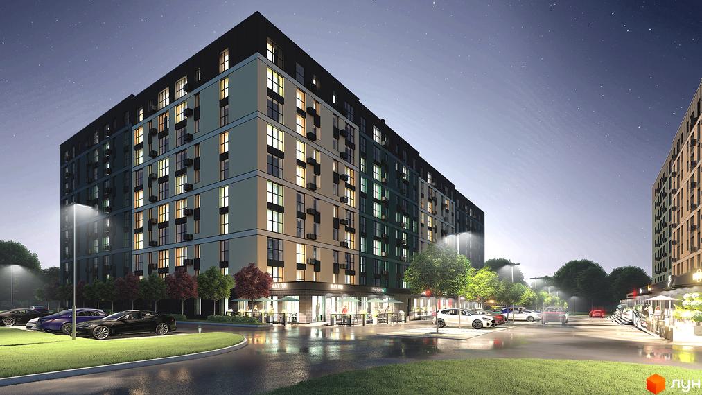 Зовнішній вигляд новобудови ЖК Green Street з вікнами, що світяться, та прибудинковою територією з автомобілями та деревами.