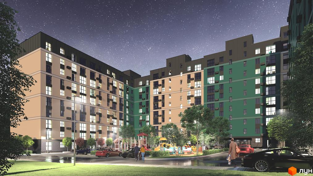 Житловий комплекс Green Street з фасадами бежевого та зеленого кольорів, вікнами з підсвічуванням, дитячим майданчиком та парковкою.