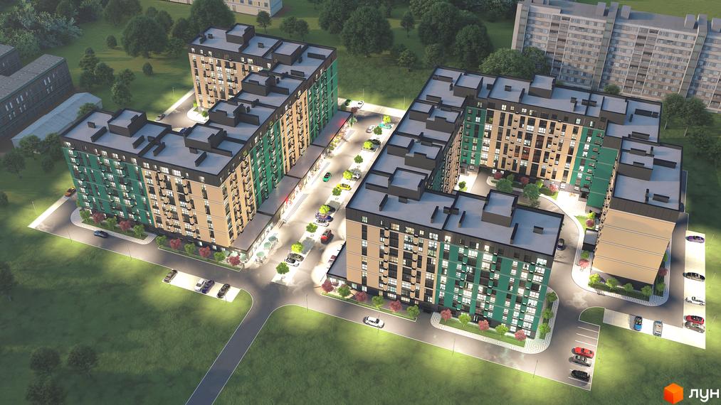 Житловий комплекс Green Street: багатоповерхові будинки з зеленою та бежевою обробкою, з прибудинковою територією, парковкою та освітленням.