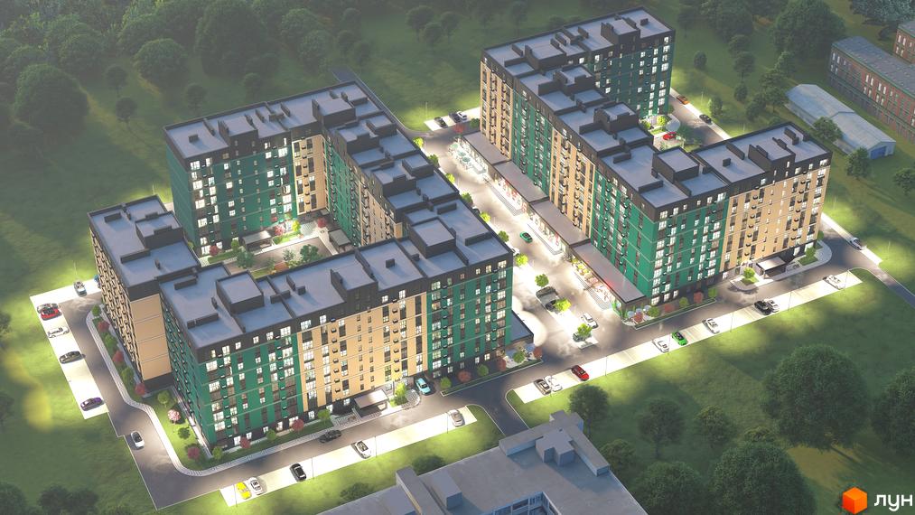 Зовнішній вигляд житлового комплексу Green Street з зеленими та бежевими фасадами, паркінгом та прилеглою територією з деревами. Комплекс має багатоповерхові секції з сучасними вікнами та балконами.