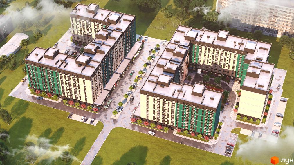 Житловий комплекс Green Street з зеленими та світлими фасадами, паркінгом та зеленими зонами навколо. Сучасна архітектура та зручна прибудинкова територія.