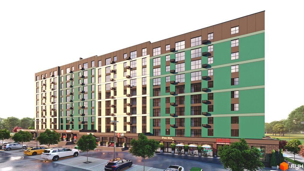 Зовнішній вигляд новобудови ЖК Green Street з фасадами світло-бежевого та зеленого кольорів. Перед будинком розташована парковка з автомобілями та зелені насадження.