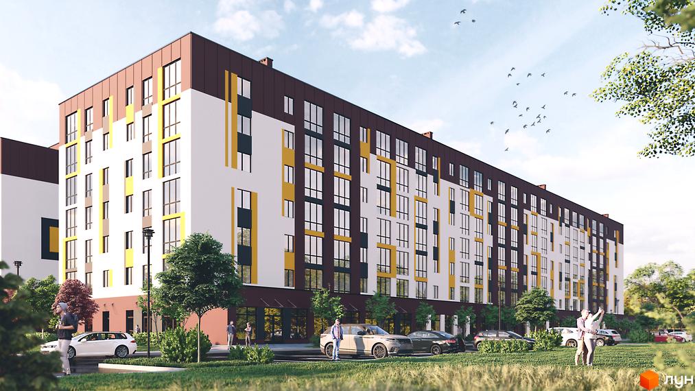 Житловий комплекс Прем’єр. Багатоповерховий будинок з великими вікнами та коричневим дахом. На прибудинковій території є парковка та зелені насадження.