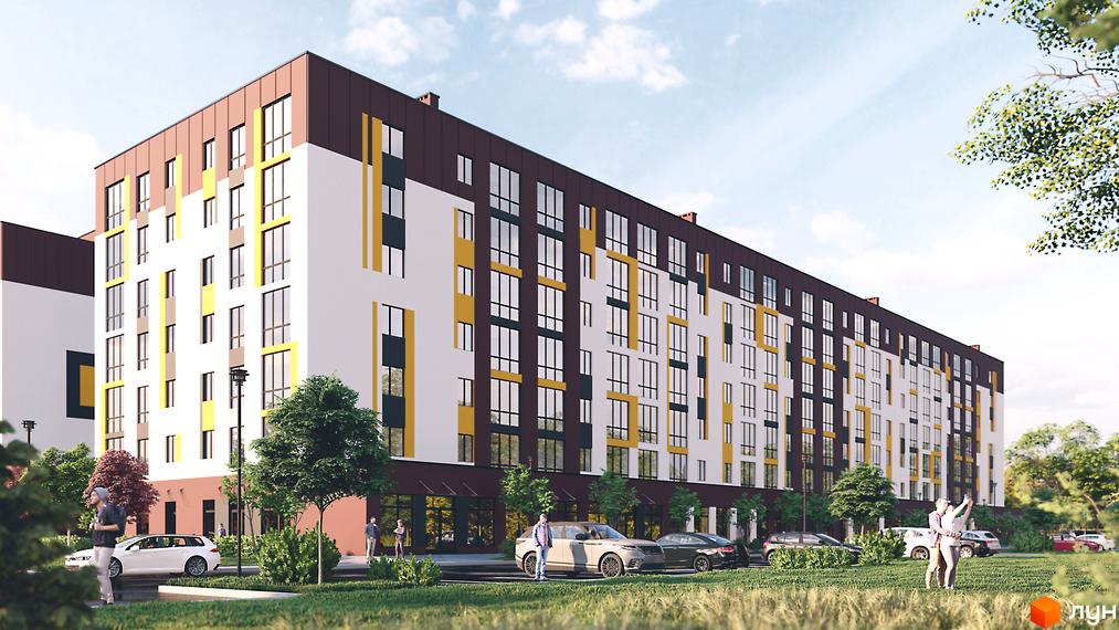 Зовнішній вигляд новобудови ЖК Прем’єр з білими стінами та коричнево-жовтими елементами фасаду. На прибудинковій території розташовані дерева, газони та припарковані автомобілі.