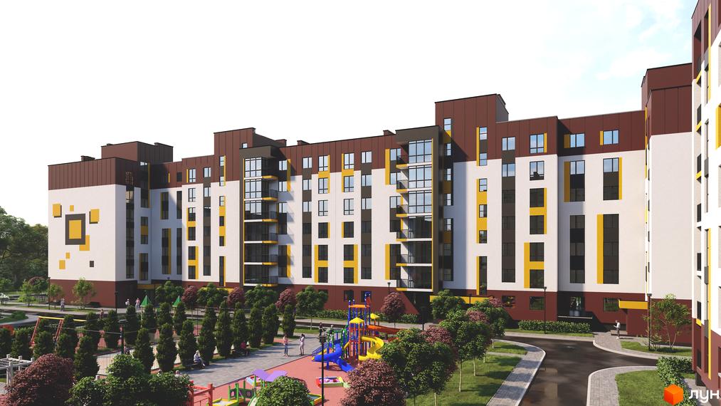 Новобудова ЖК Прем’єр з біло-коричневим фасадом та жовтими акцентами, дитячим майданчиком та зеленими насадженнями.