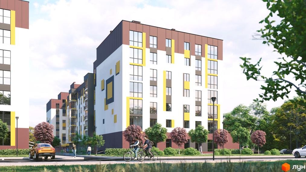 Житловий комплекс Прем’єр з фасадом у світлих тонах. На території комплексу є зелені насадження, місця для відпочинку та парковка.