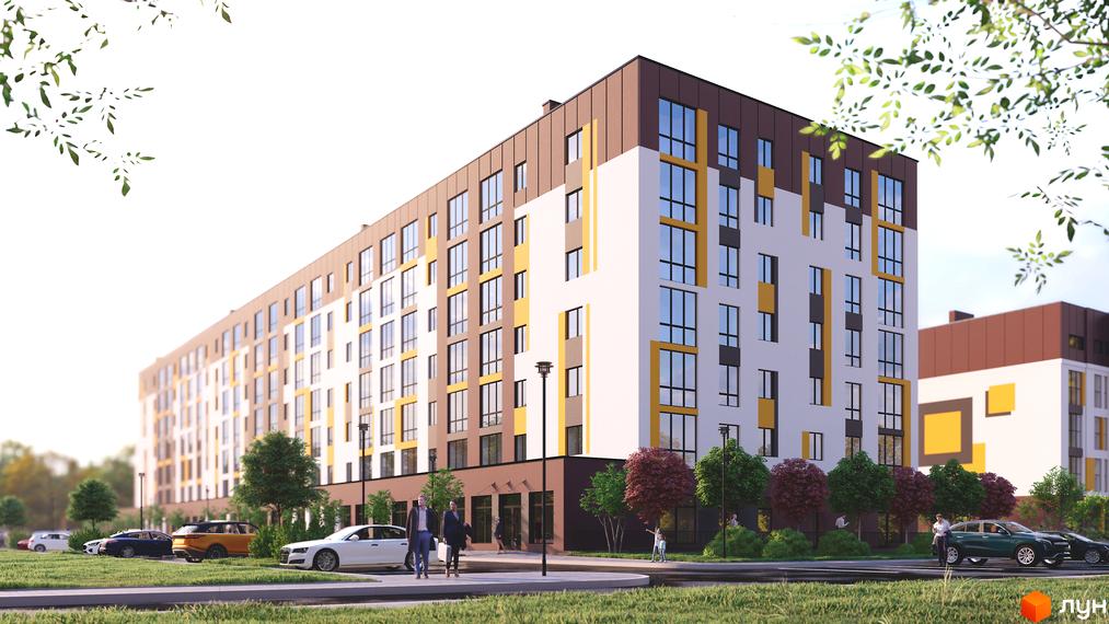 Житловий комплекс Прем’єр з біло-жовто-коричневими фасадами та панорамними вікнами, поруч розташовані зелені насадження та припарковані автомобілі.