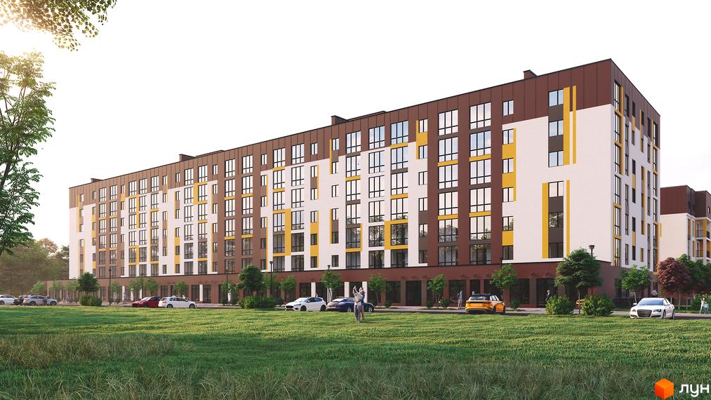 Багатоповерховий будинок ЖК Прем’єр з великими вікнами та фасадом у коричневих, білих та жовтих тонах. На передньому плані зелена трава, дерева та припарковані автомобілі.