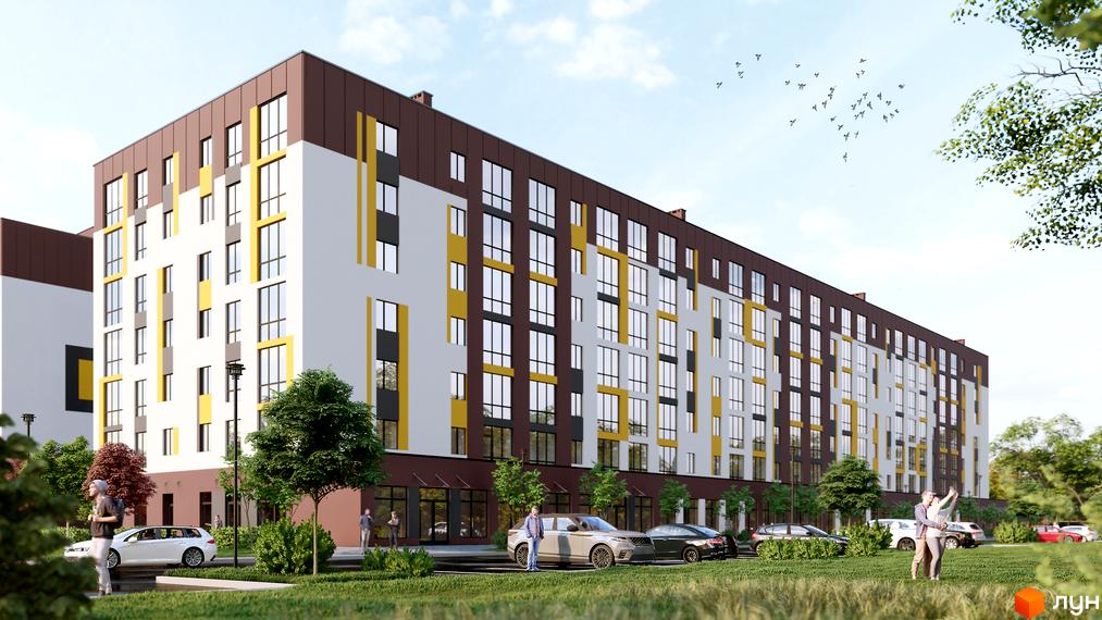 Житловий комплекс Прем'єр з біло-коричневим фасадом та жовтими акцентами. На прибудинковій території розташовані дерева, зелені насадження та припарковані автомобілі.