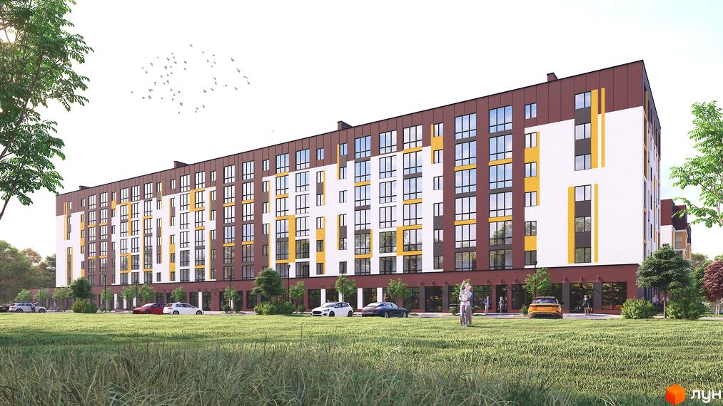 Зовнішній вигляд будинку ЖК Прем’єр з коричневими та білими фасадами, жовтими акцентами та великими вікнами. На прибудинковій території зелений газон та автомобілі.