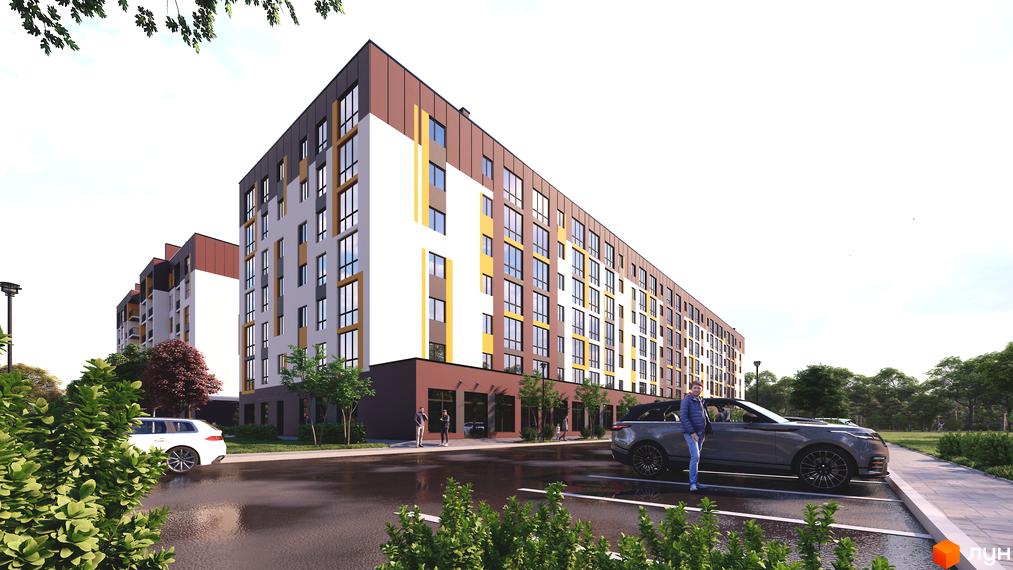 Багатоповерховий будинок ЖК Прем’єр з фасадом у коричневих та білих тонах. На території парковка, зелені насадження та доріжки для пішоходів.