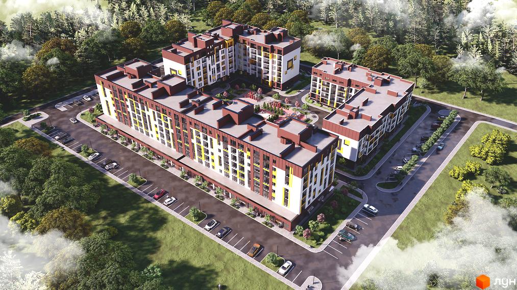 Зображення ЖК Прем’єр: багатоповерховий будинок з паркінгом, доглянутою прибудинковою територією та дитячим майданчиком у дворі, розташований серед зелених насаджень.