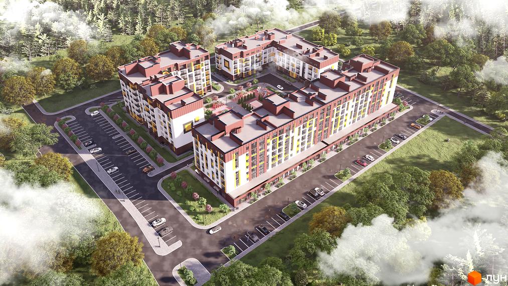 Зовнішній вигляд житлового комплексу Прем’єр з багатоповерховими будинками та прибудинковою територією з парковкою та зеленими зонами.