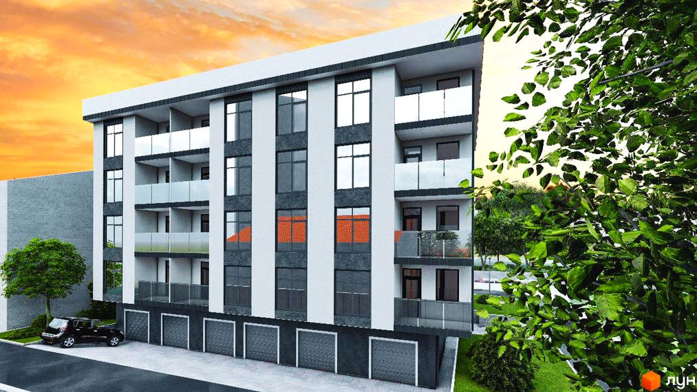 Житловий комплекс Оазис: фасади з панорамними вікнами та балконами, паркінг на першому поверсі, зелена зона та дерево біля будинку.