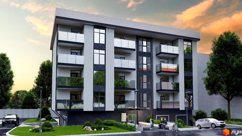 Зовнішній вигляд житлового комплексу Оазис з балконами та великими вікнами, прибудинкова територія з деревами та автомобілями.