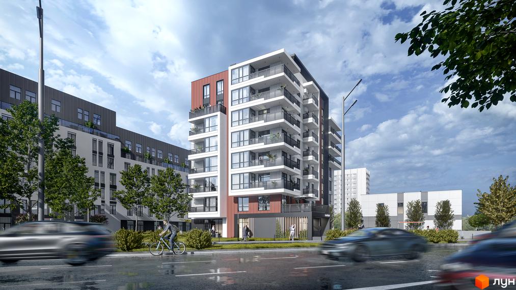 Новобудова SOLOWAY з біло-червоними фасадами та балконами, розташована біля дороги з автомобілями та деревами.