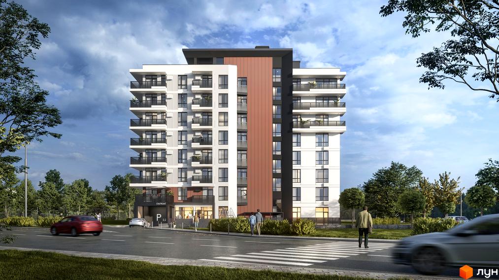 Житловий комплекс SOLOWAY - це сучасна новобудова з балконами та панорамними вікнами, розташована біля дороги з деревами та пішохідним переходом.