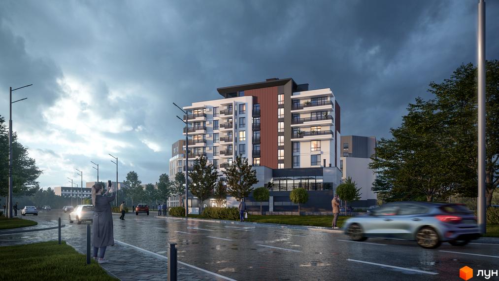 Зовнішній вигляд Житлового комплексу SOLOWAY з балконами та панорамними вікнами. Навколо будівлі дорога, тротуар та зелені насадження.