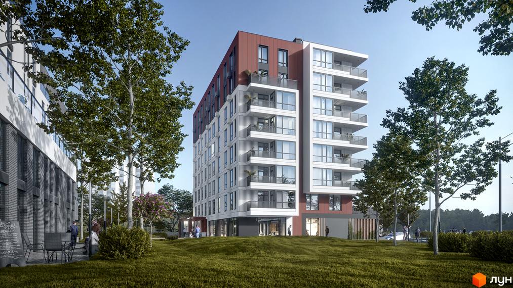 Житловий комплекс SOLOWAY - це сучасна новобудова з балконами та панорамними вікнами, розташована серед зеленої прибудинкової території з деревами та газонами.
