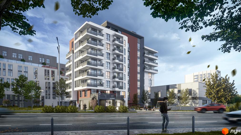 Зовнішній вигляд новобудови ЖК SOLOWAY з балконами та вікнами, що виходять на вулицю з деревами та тротуаром.