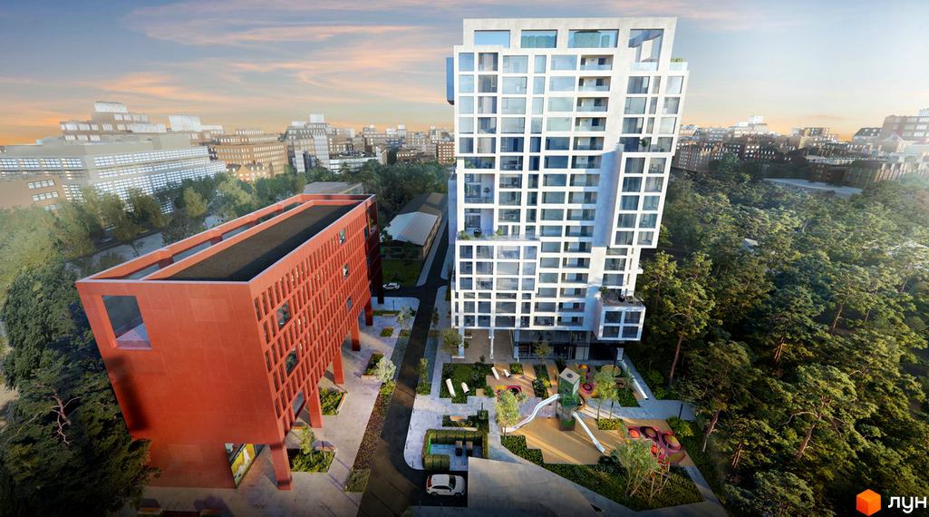 NOVO RESIDENCE: сучасний житловий комплекс з білою висотною будівлею та червоною низькоповерховою будівлею, поруч зелена зона та дитячий майданчик.