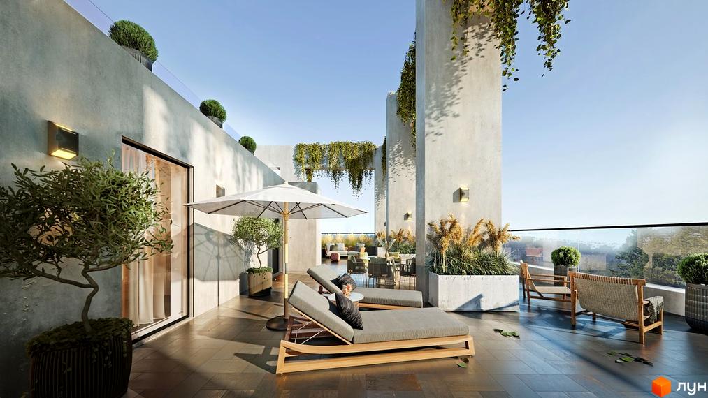 Сучасна тераса з шезлонгами та парасолькою, що виходить на вид на місто. Відкритий простір з рослинами та меблями для відпочинку.