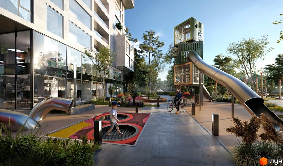 NOVO RESIDENCE: сучасний житловий комплекс з просторим дитячим майданчиком та елементами для активного відпочинку. Зовнішній вигляд будівлі з великими вікнами та зеленою територією.