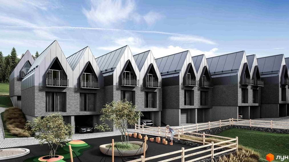 AMA FAMILY RESORT: комплекс з унікальними трикутними дахами та балконами, поруч дитячий майданчик та дерев'яний паркан.