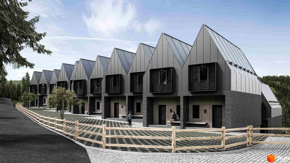 AMA FAMILY RESORT - житловий комплекс з сучасними будинками в оточенні лісу. Прибудинкова територія з дерев'яним парканом та бруківкою.