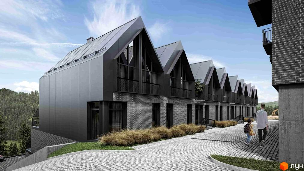 AMA FAMILY RESORT - сучасний житловий комплекс з унікальною архітектурою та прибудинковою територією, що нагадує гірський ландшафт.