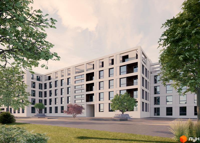 Житловий комплекс На Спортивній - це сучасна багатоповерхова новобудова з великою кількістю вікон та балконів, розташована на доглянутій прибудинковій території з деревами та газонами.