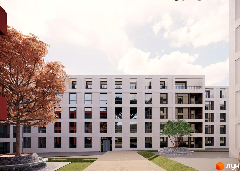 Зовнішній вигляд житлового комплексу На Спортивній з білими фасадами та великими вікнами. Прибудинкова територія з деревами та бруківкою.