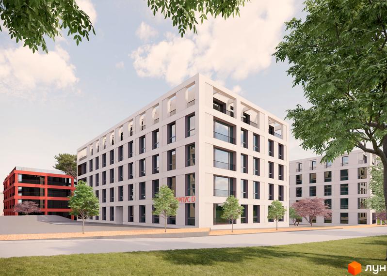 Зовнішній вигляд житлового комплексу На Спортивній з білими фасадами та великими вікнами, на тлі дерев та блакитного неба. Навколо комплексу облаштована прибудинкова територія з зеленими насадженнями.