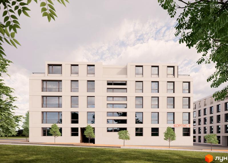 Зовнішній вигляд будинку ЖК На Спортивній з великими вікнами та балконами, оточений зеленою зоною та деревами. Інша будівля комплексу видно на задньому плані.