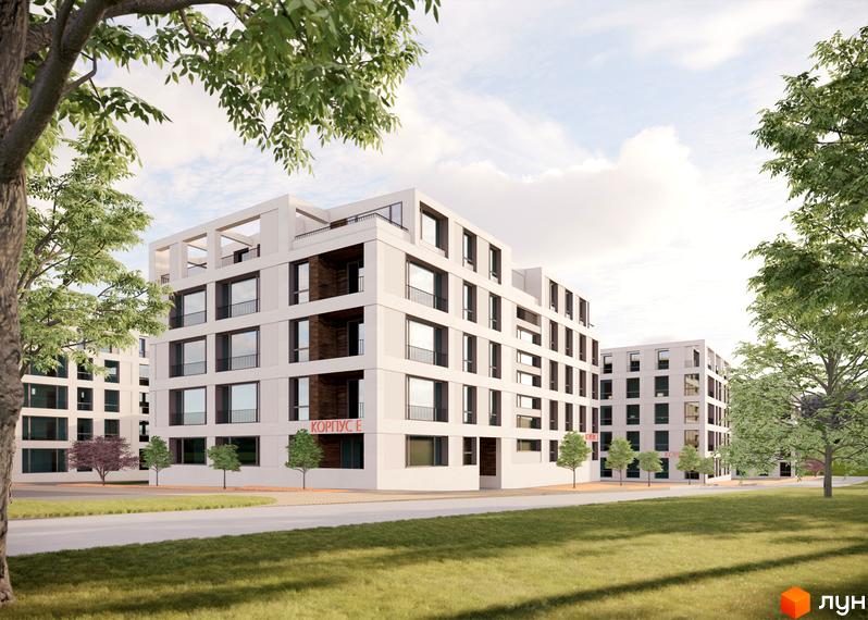 Зовнішній вигляд житлового комплексу На Спортивній з білими фасадами та темними вікнами, оточений деревами та зеленою галявиною.
