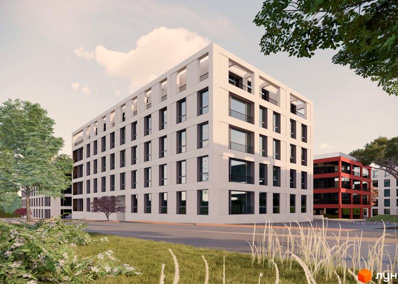 Житловий комплекс На Спортивній – це сучасна архітектура з великими вікнами та балконами, оточена зеленню та доглянутою територією.