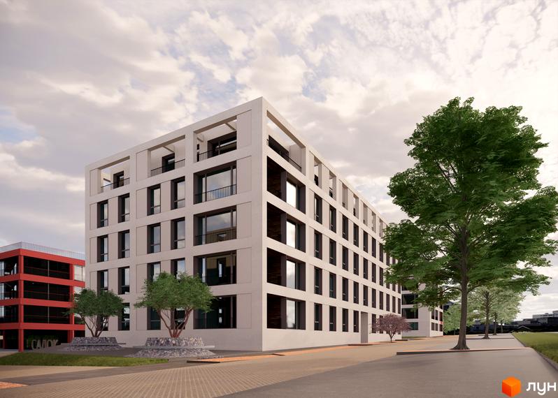 Житловий комплекс На Спортивній. Зовнішній вигляд будинку з балконами та великими вікнами, прибудинкова територія з деревами та доріжками.