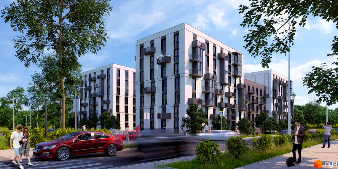 Житловий комплекс Проект Панорама. Зовнішній вигляд будівель з балконами та прибудинкова територія з деревами та пішохідною зоною.