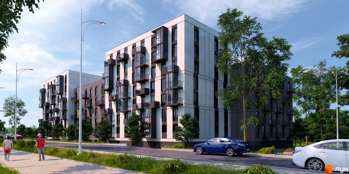 Багатоповерховий будинок ЖК Проект Панорама з балконами та скляними вікнами, поруч дорога, тротуар та зелені насадження.