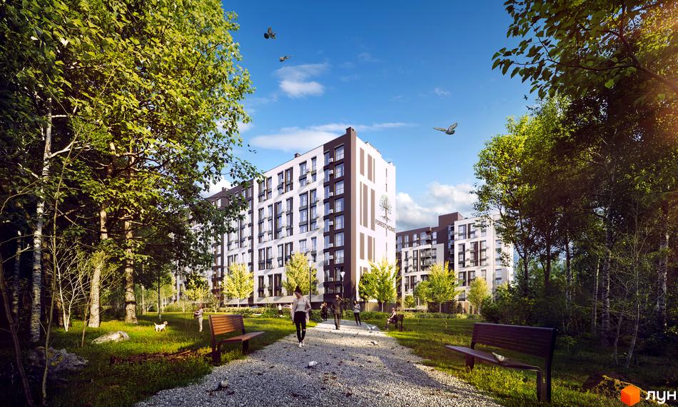 Житловий комплекс Forest Home з біло-коричневими фасадами та численними вікнами. Навколо будівель розкинувся зелений парк з деревами, доріжками та лавками.