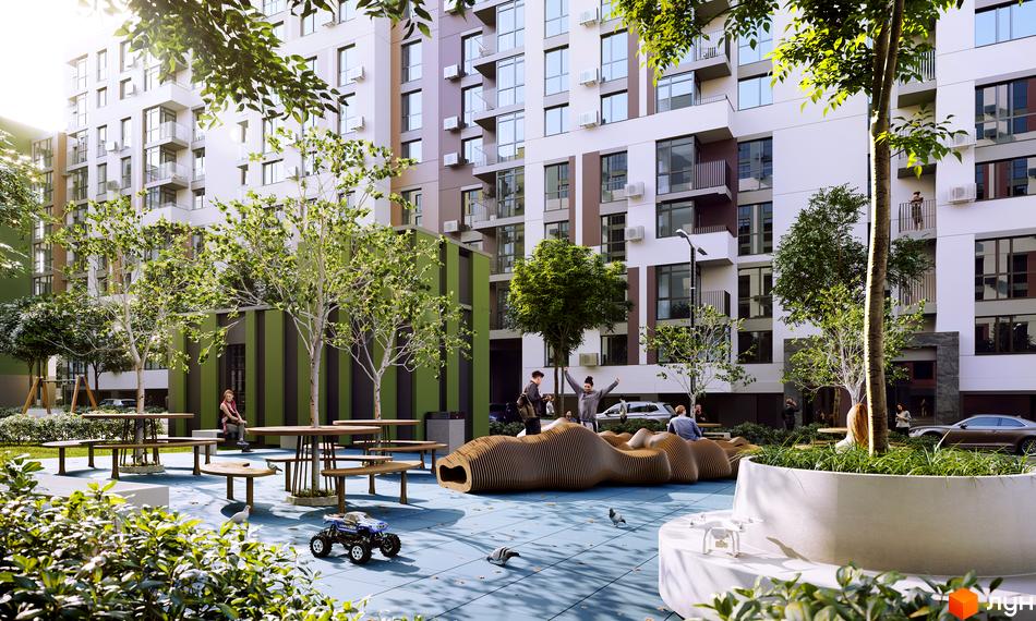 Житловий комплекс Forest Home з озелененою прибудинковою територією та дитячим майданчиком. Сучасна архітектура новобудови.