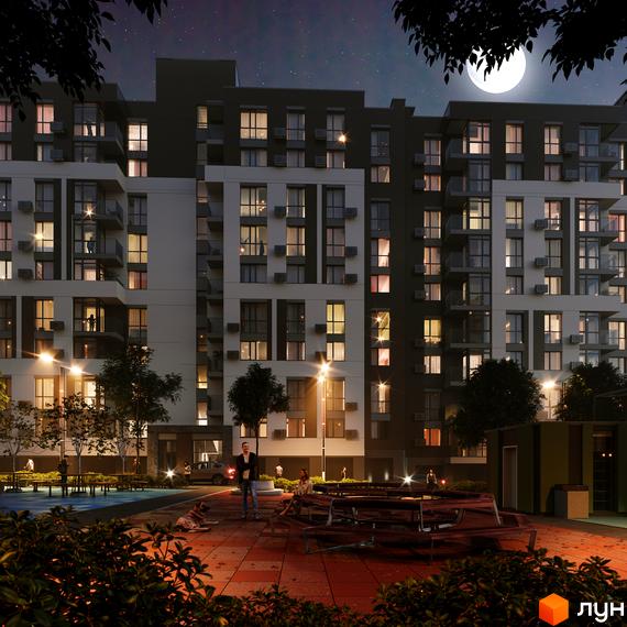 Житловий комплекс Forest Home вночі з освітленими вікнами та балконами. На прибудинковій території видно лавки, дерева, людей та повний місяць у небі.