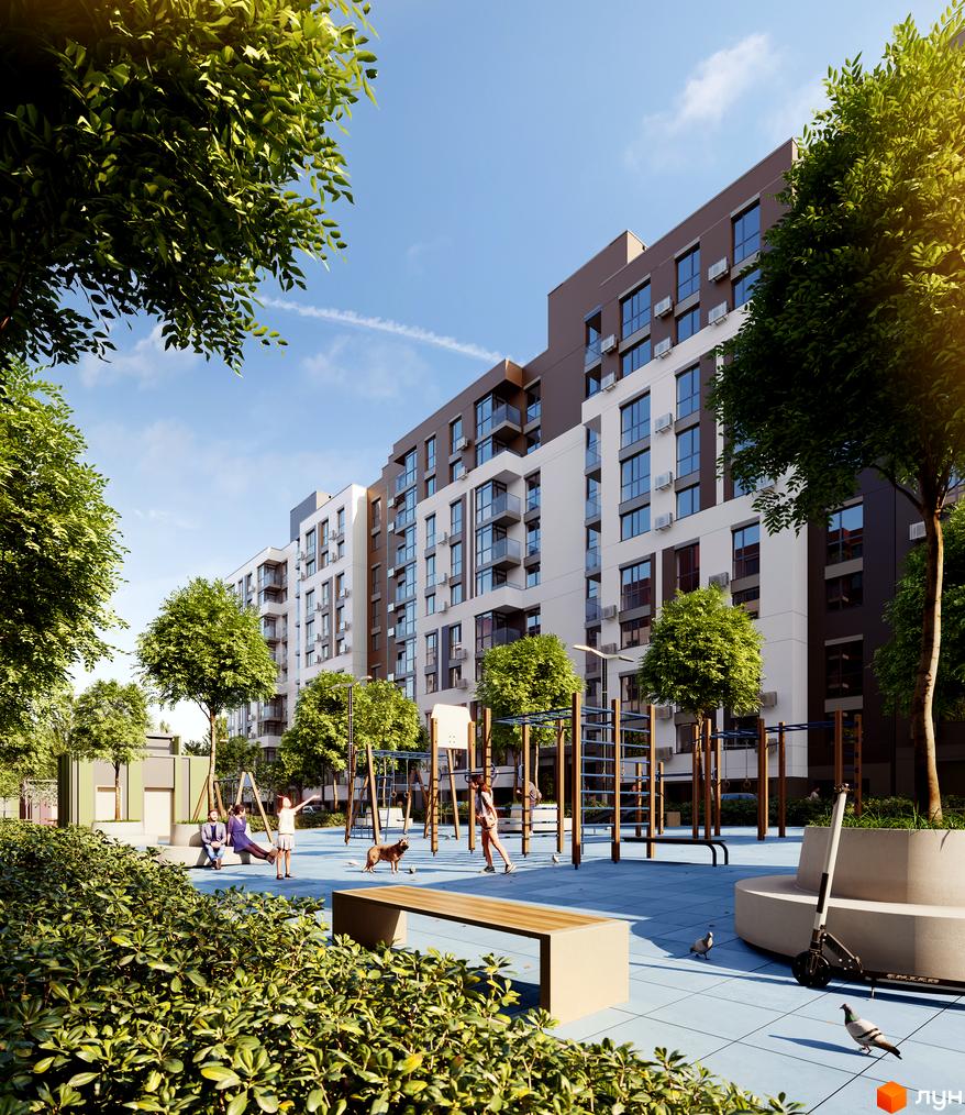 Житловий комплекс Forest Home з дитячим майданчиком та зонами для відпочинку. Сучасна архітектура будівель та зелена прибудинкова територія.