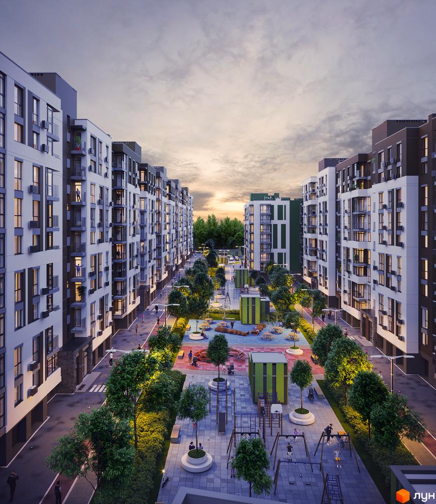 Житловий комплекс Forest Home: багатоповерхові будинки з балконами та внутрішній двір з дитячими майданчиками, зонами відпочинку та деревами.